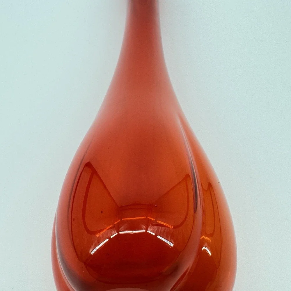 Vintage Red Orange Art Glass Vase Hand Blown Sculptural Flared Rim 12